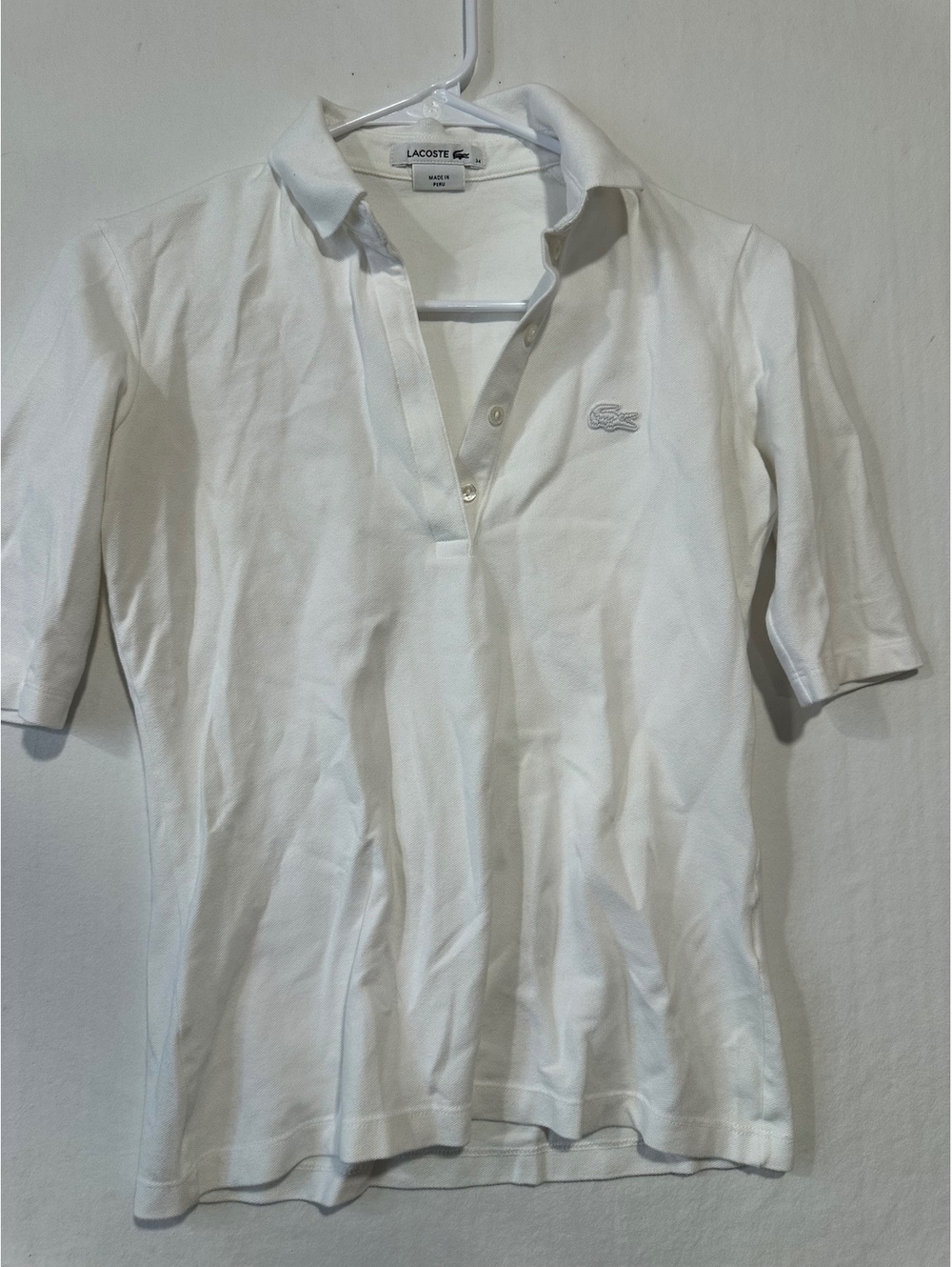 Lacoste White Stretch Cotton Polo Shirt 3/4 Sleeve Women’s Size 34 (XS)